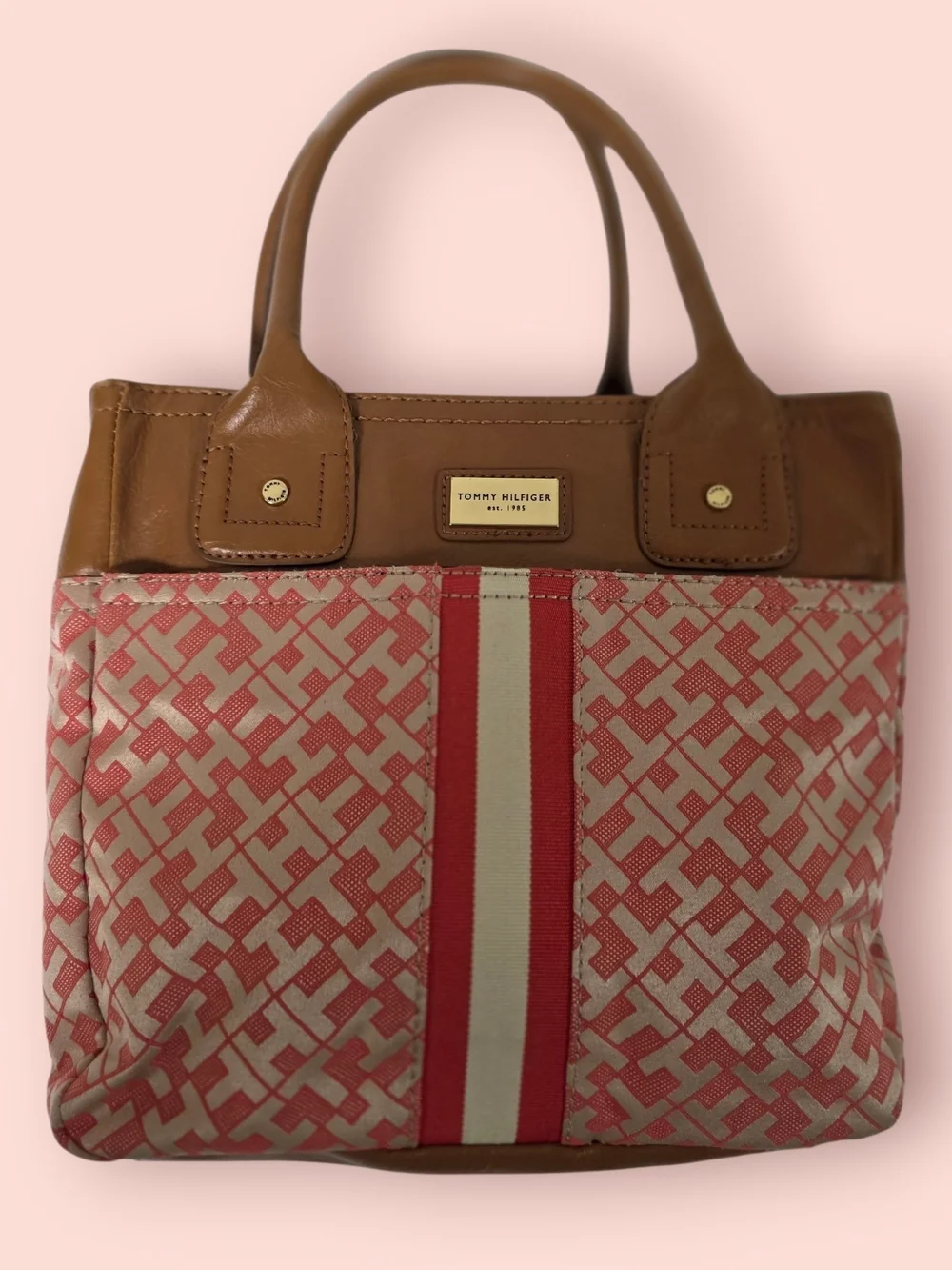 👜🌺 Tommy Hilfiger Y2K Preppy Coral Monogram Tote Bag Purse Tan Leather Trim